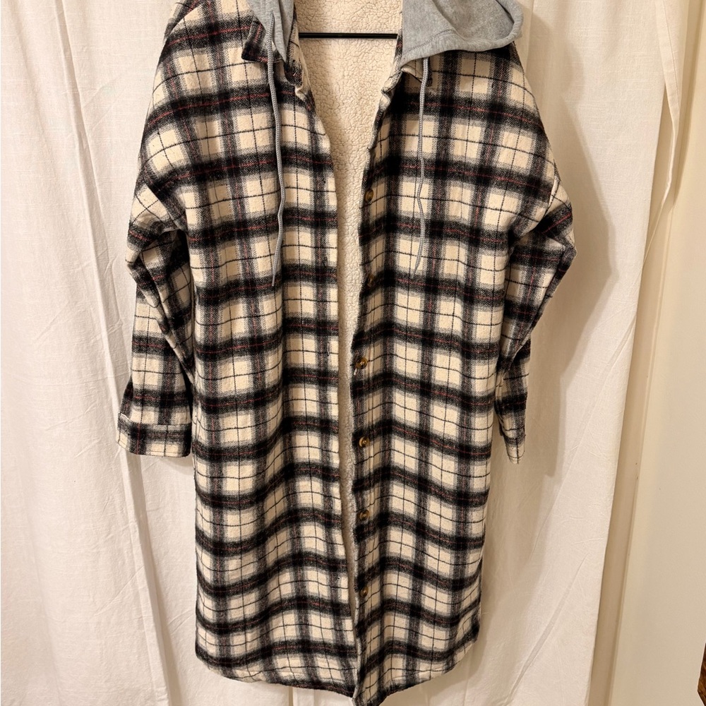 Plaid Hooded Shacket Coat - Black & Cream